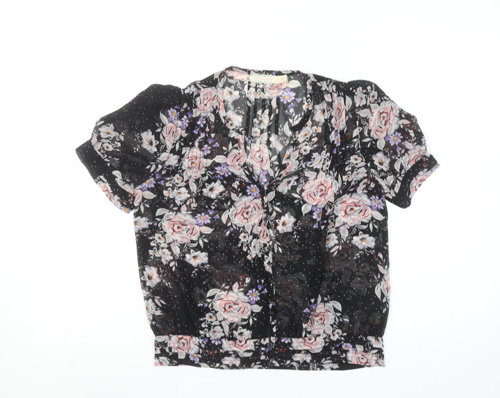 Pins and Needles Womens Black Floral Sheer Short Sleeve Blouse XS