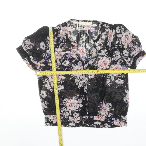 Pins and Needles Womens Black Floral Sheer Short Sleeve Blouse XS
