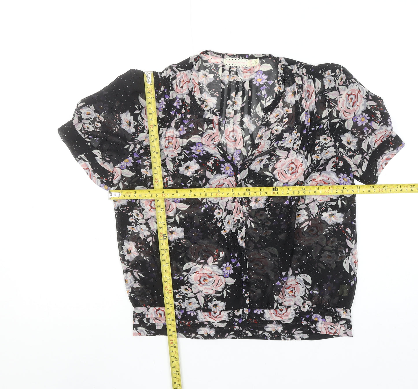 Pins and Needles Womens Black Floral Sheer Short Sleeve Blouse XS