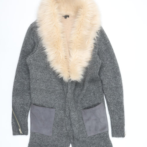 River Island Womens Grey Faux Fur Trim Open Cardigan Size 10
