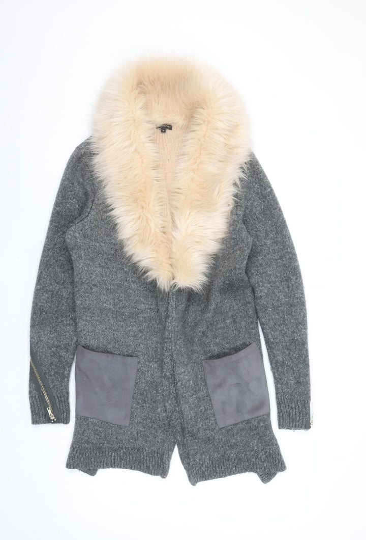River Island Womens Grey Faux Fur Trim Open Cardigan Size 10