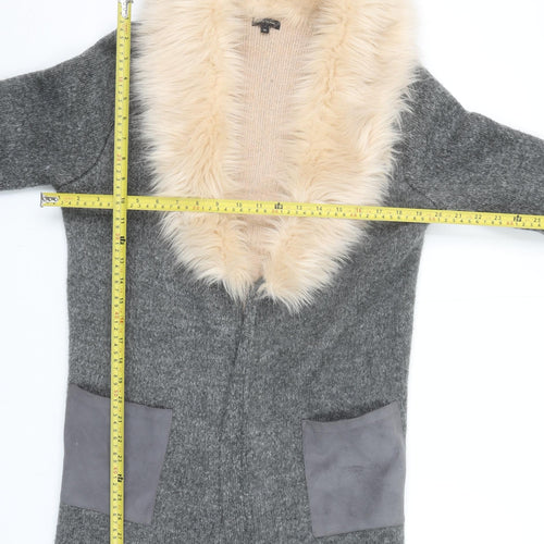 River Island Womens Grey Faux Fur Trim Open Cardigan Size 10