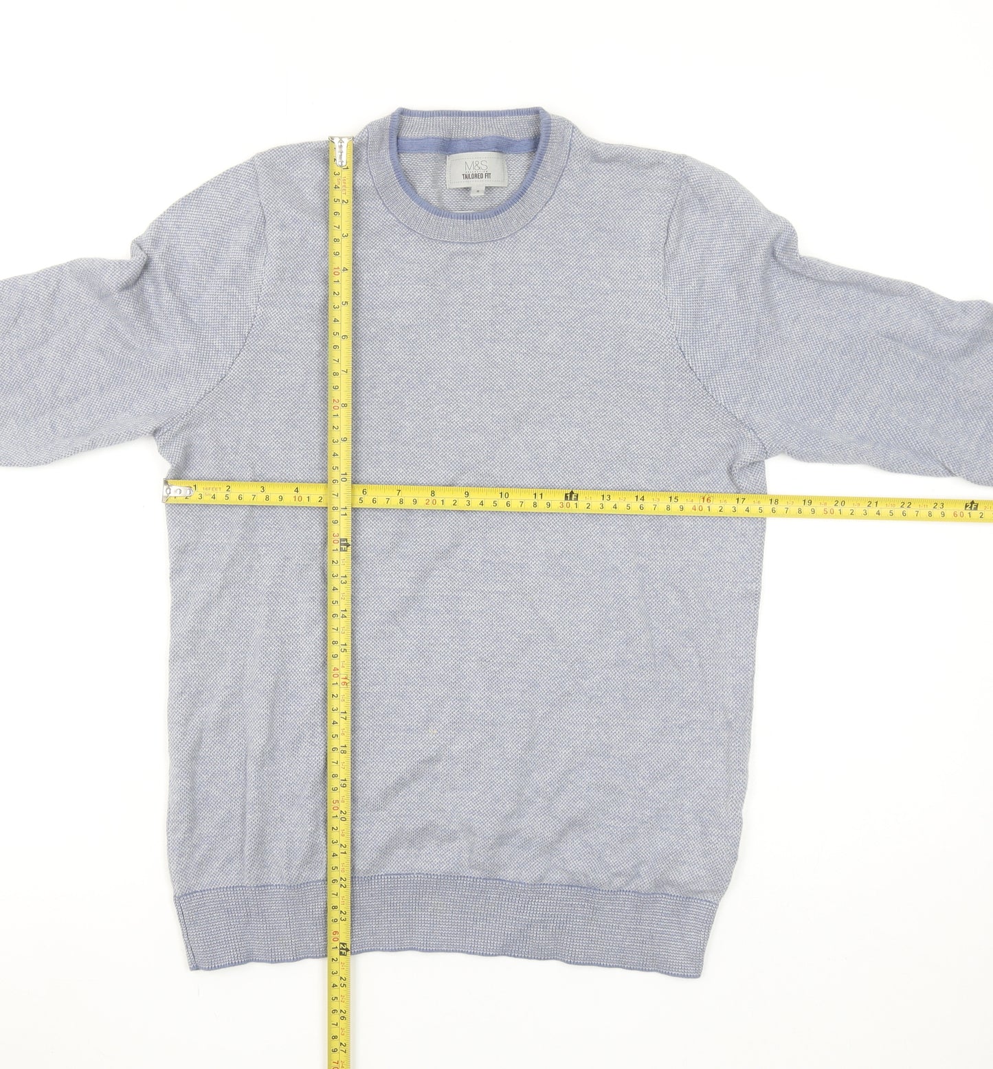 Marks and Spencer Men's Blue Cotton Crew Neck Pullover Jumper S Tailored Fit
