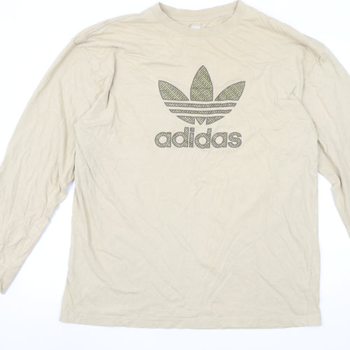 Adidas Men's Beige XL Long Sleeve Logo Cotton T-Shirt