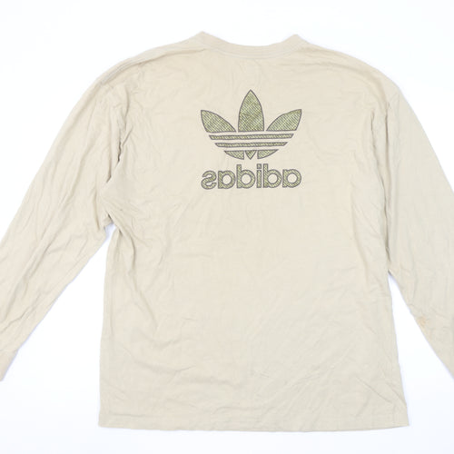 Adidas Men's Beige XL Long Sleeve Logo Cotton T-Shirt