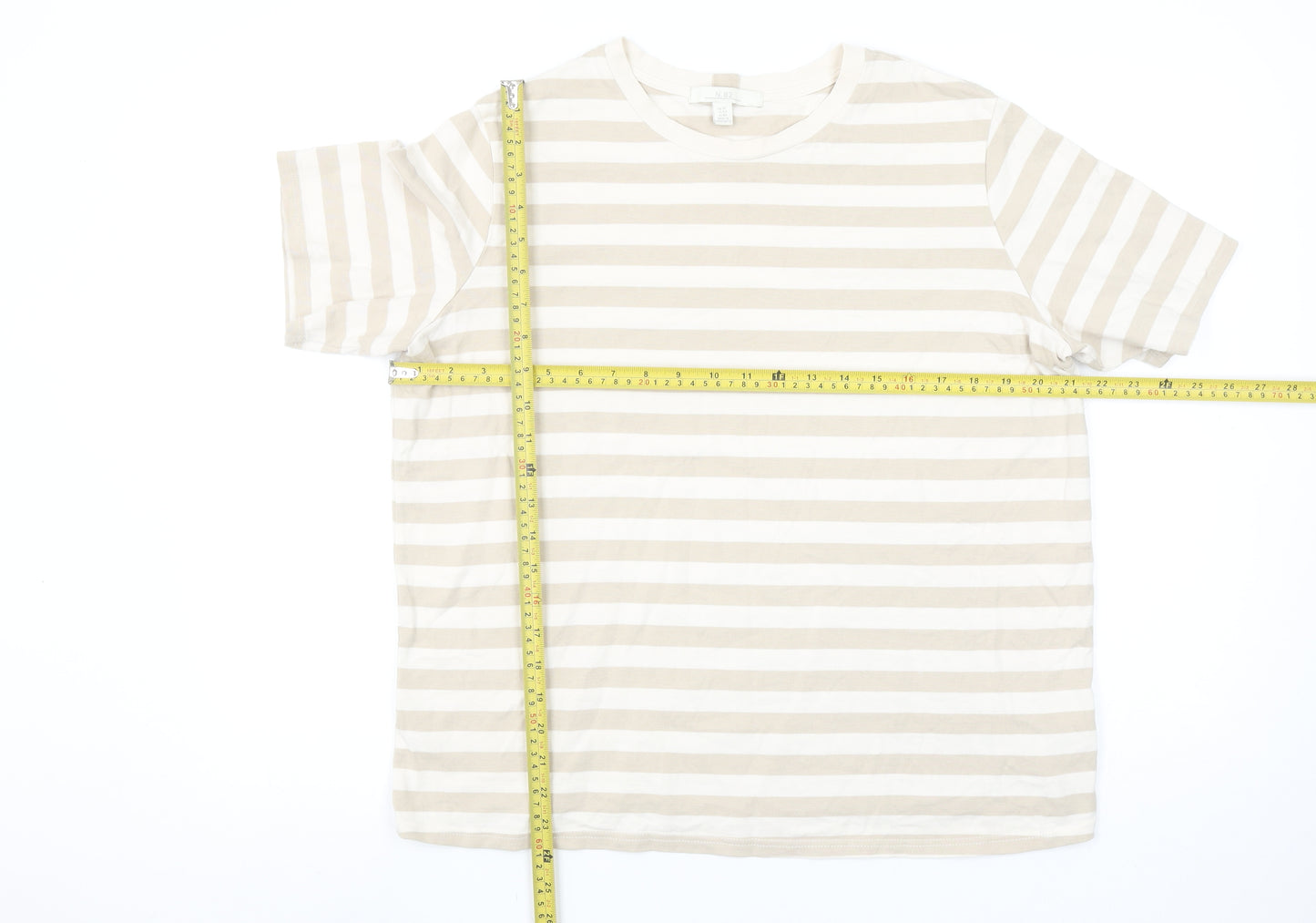Next Women Beige Striped Cotton Short Sleeve T-Shirt Size 14