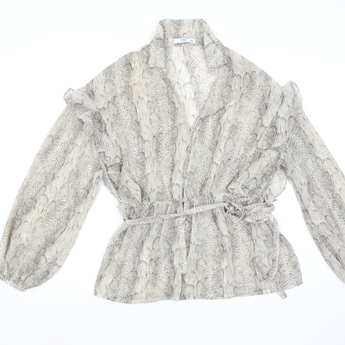 MNG Women's Grey Snake Print Wrap Blouse Size S Long Sleeve Ruffle Top