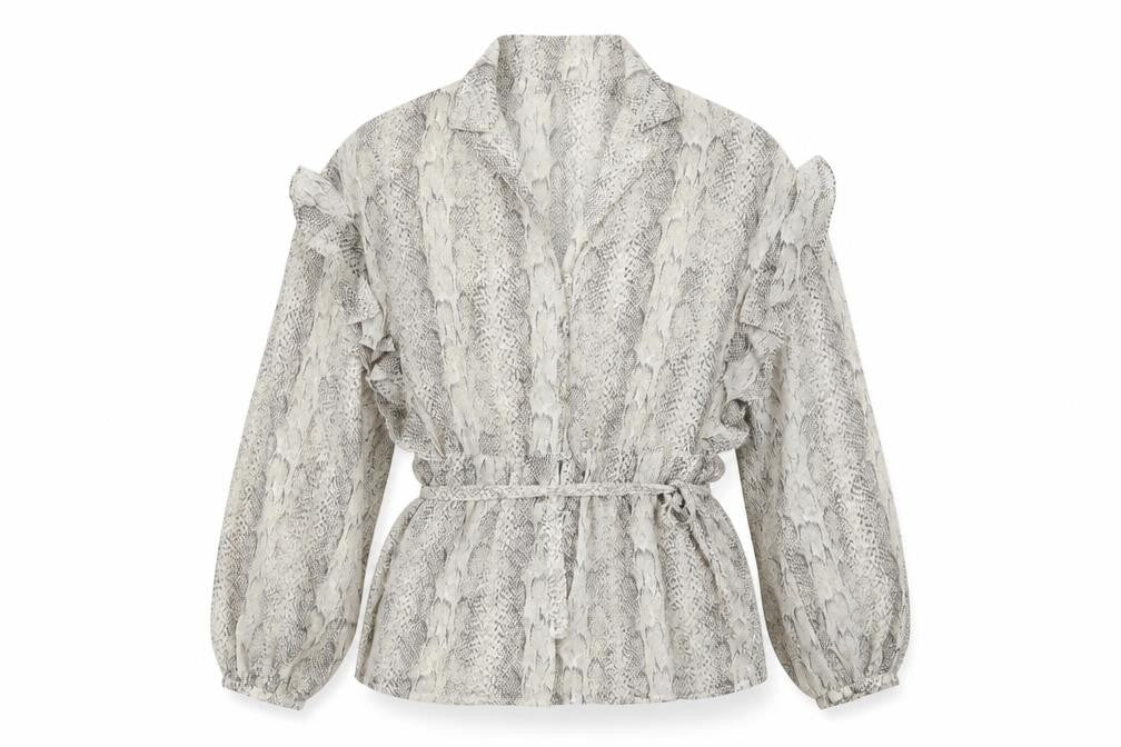 Front view of Mango Women's Grey Snake Print Wrap Blouse, size S, Long Sleeve Ruffle Top