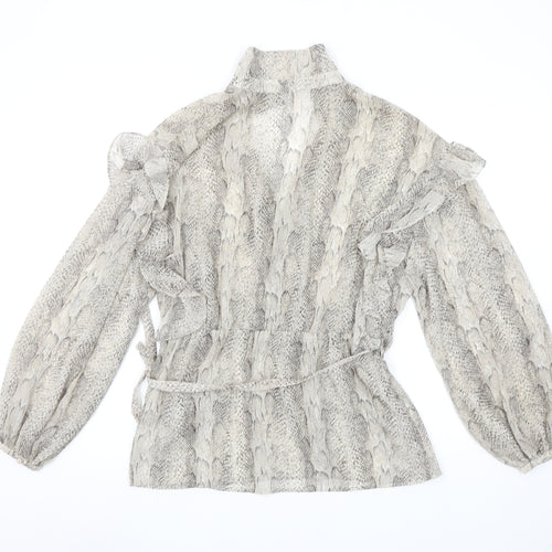 MNG Women's Grey Snake Print Wrap Blouse Size S Long Sleeve Ruffle Top