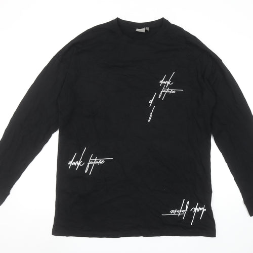 ASOS Men Black Long Sleeve Graphic Print Crew Neck Cotton T-Shirt M