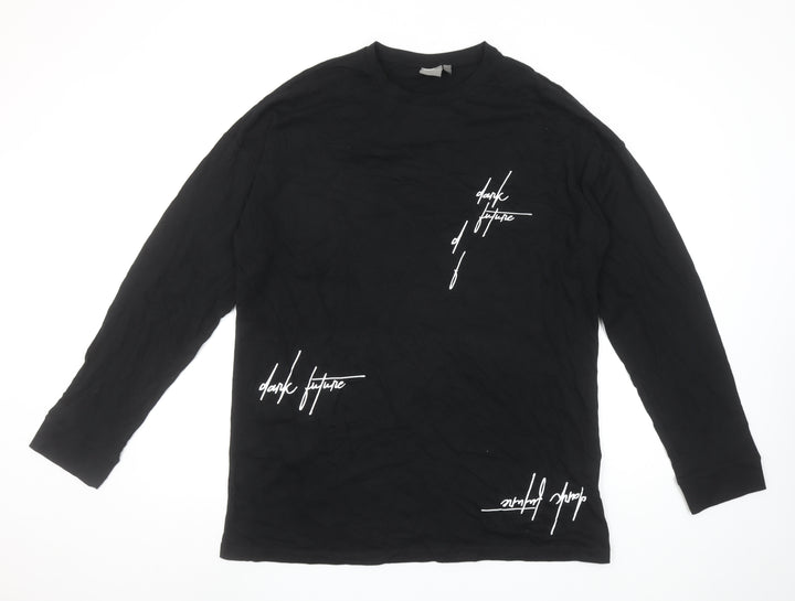 ASOS Men Black Long Sleeve Graphic Print Crew Neck Cotton T-Shirt M
