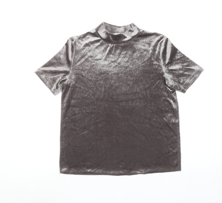 Zara Trafaluc Womens Grey Velvet Mock Neck Short Sleeve T-Shirt Size S