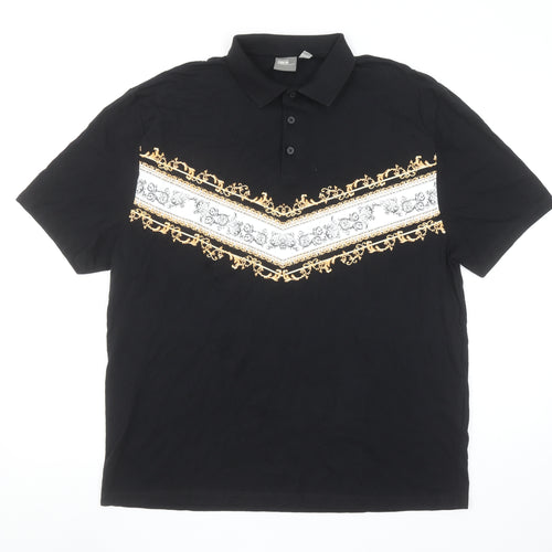 ASOS Men's Black Short Sleeve Polo Shirt M Gold Baroque Print