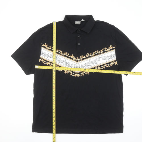 ASOS Men's Black Short Sleeve Polo Shirt M Gold Baroque Print