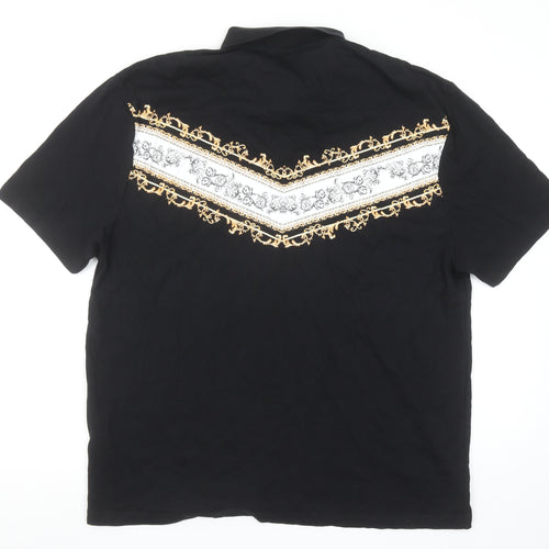 ASOS Men's Black Short Sleeve Polo Shirt M Gold Baroque Print