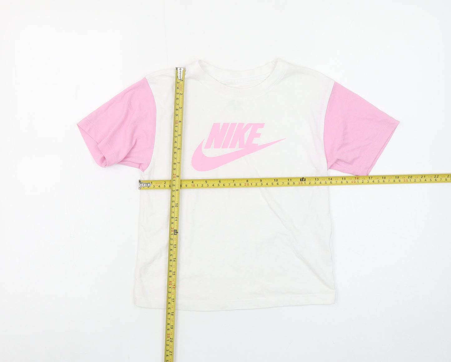 Nike Girls White and Pink Logo T-Shirt 5-6 Years Cotton Short Sleeve