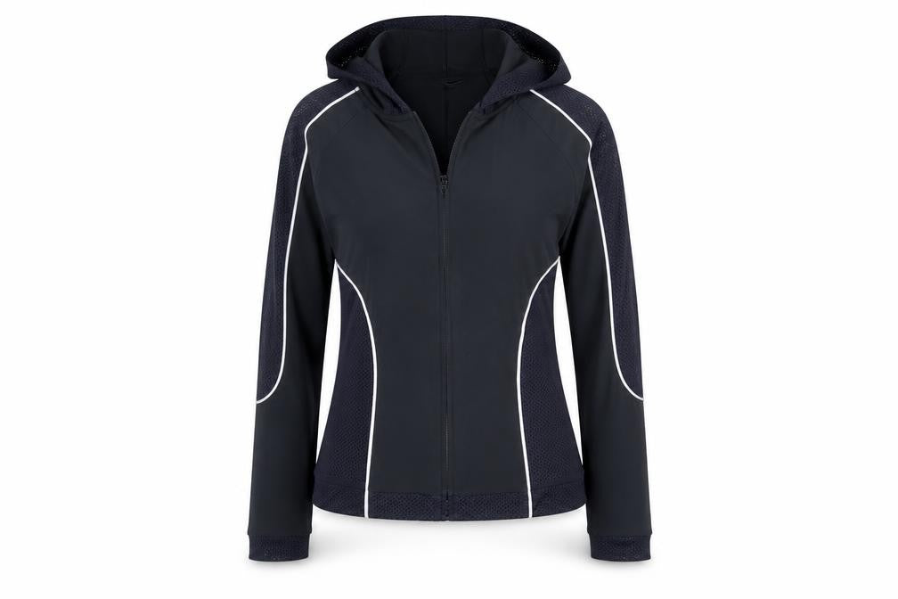 Front view of Calvin Klein Jeans Women's Black Full Zip Hoodie, size M, Polyester Blend