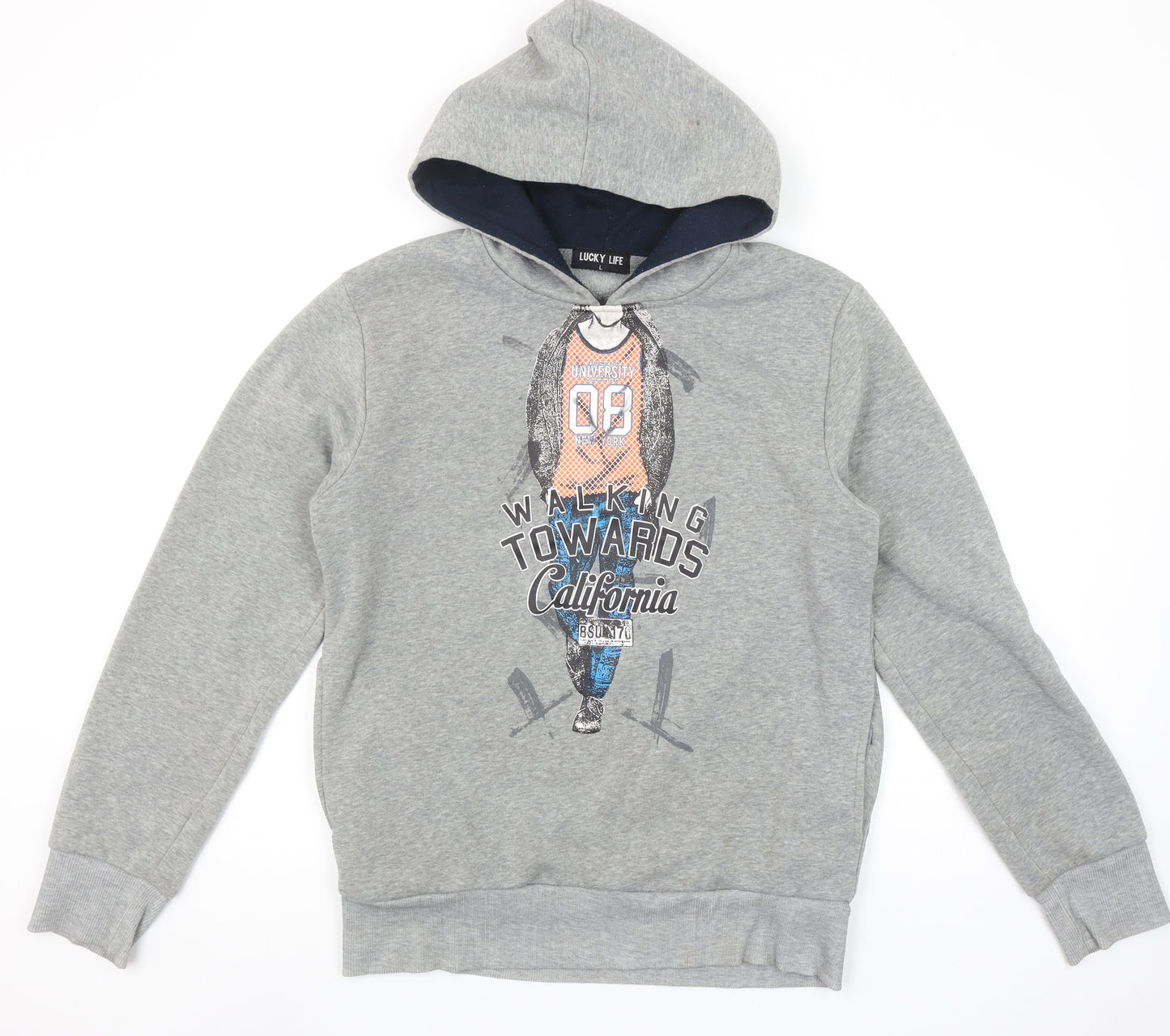 Lucky Life Boys Grey Pullover Hoodie L Walking Towards California Print