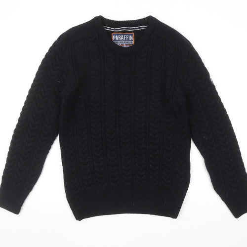 Paraffin Mens Black Medium Cable-Knit Crew Neck Jumper