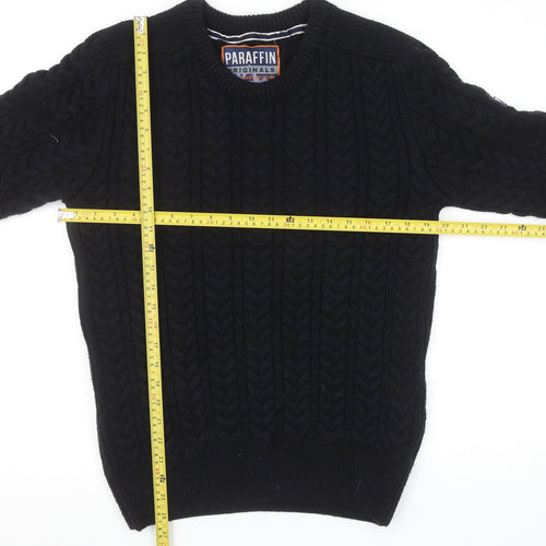 Paraffin Mens Black Medium Cable-Knit Crew Neck Jumper