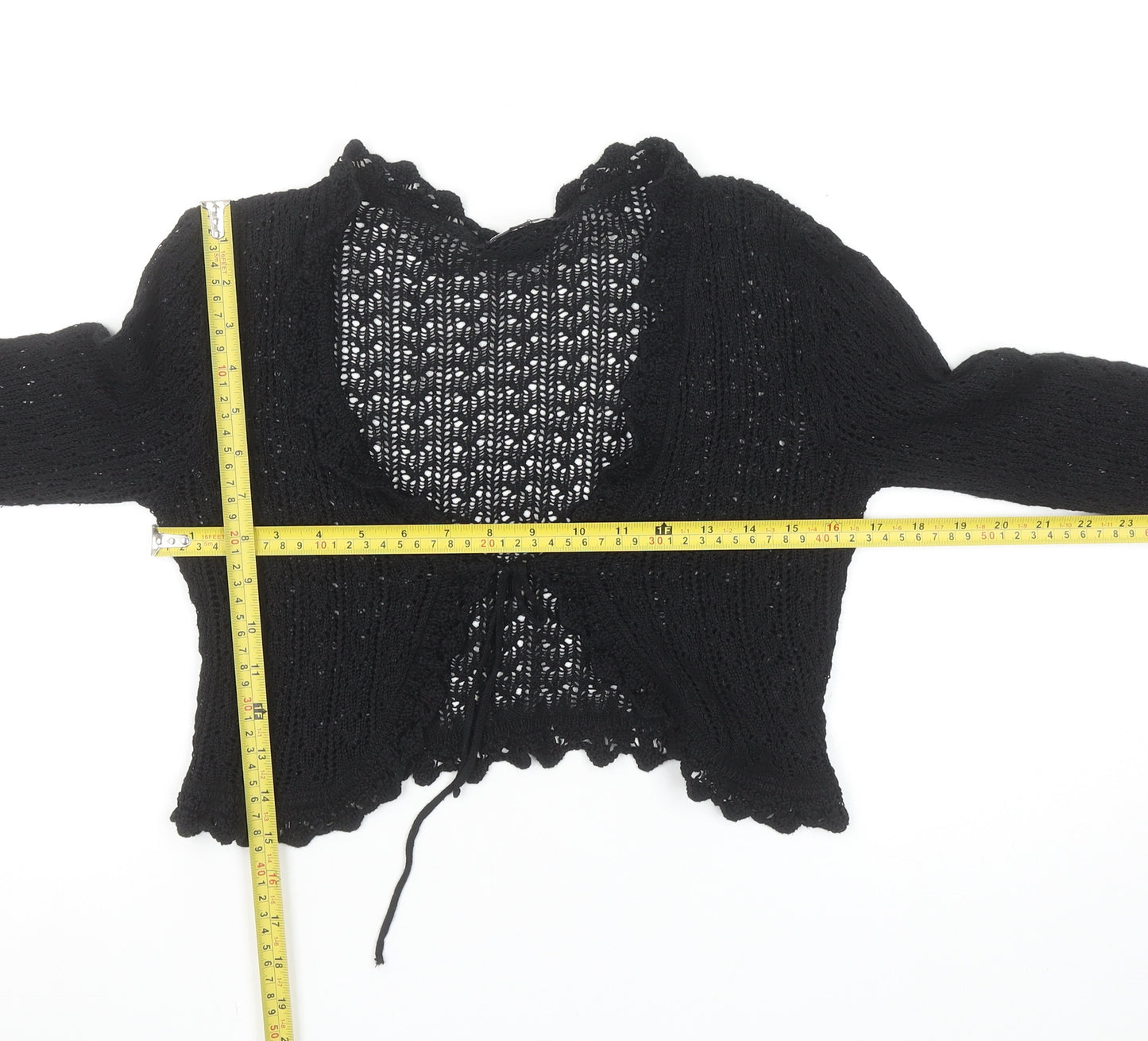 Warehouse Women’s Black Crochet Cropped Long Sleeve Tie Blouse Size 10