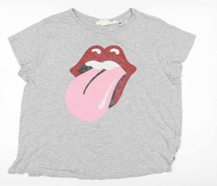 H&M Women’s Grey Rolling Tongue Print T-Shirt Size 12
