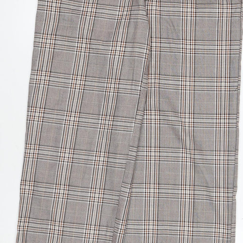 H&M Womens Grey Check Trousers Size 12 Straight Leg Smart Waist