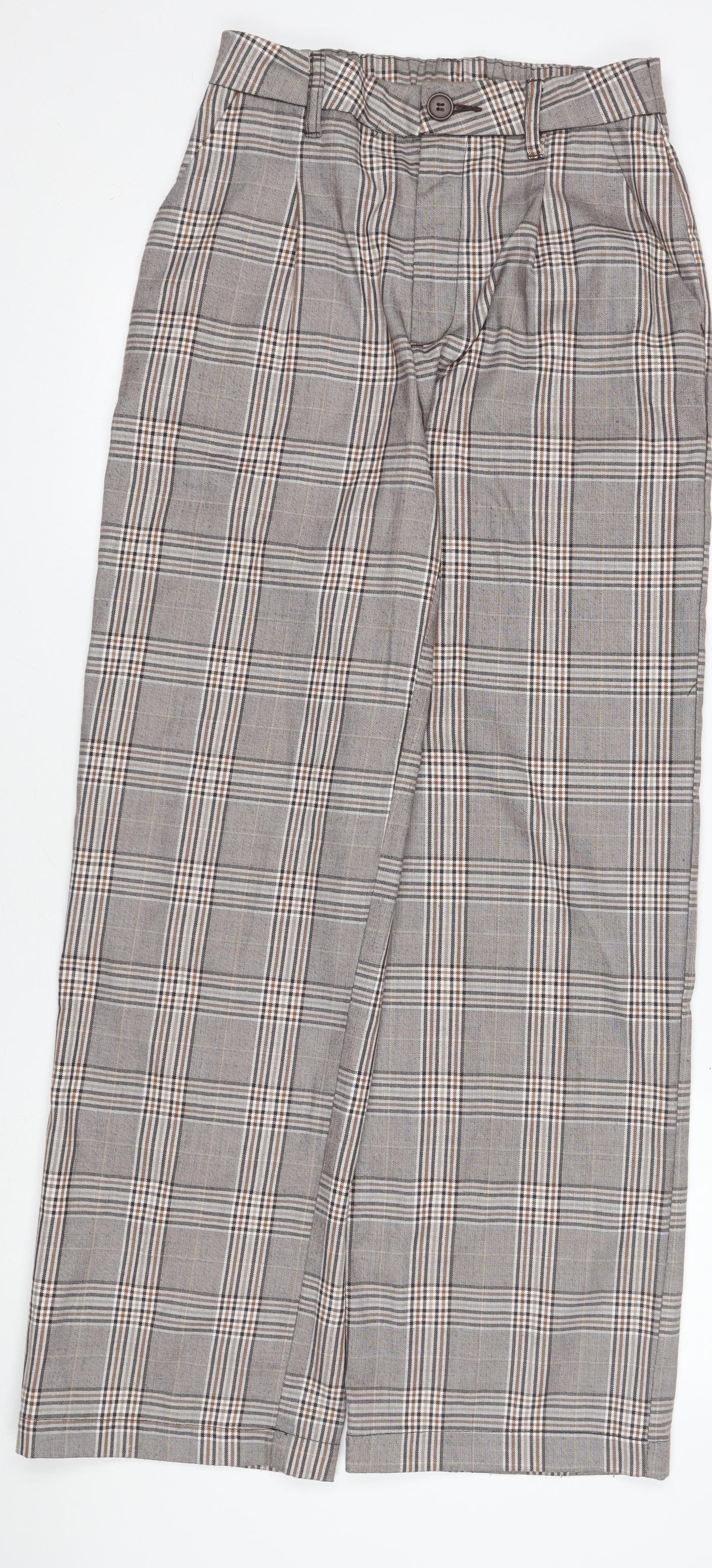 H&M Womens Grey Check Trousers Size 12 Straight Leg Smart Waist