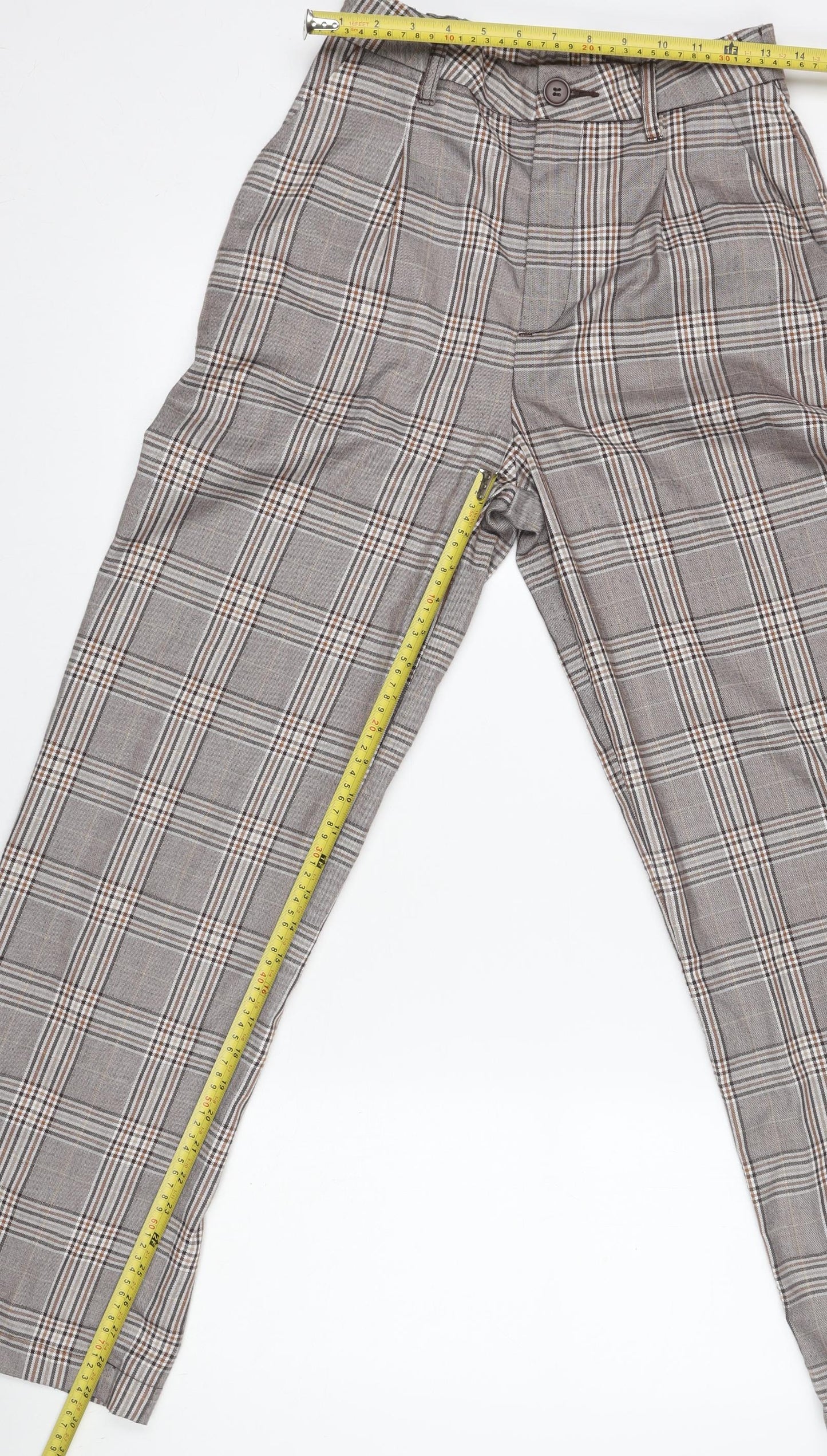 H&M Womens Grey Check Trousers Size 12 Straight Leg Smart Waist