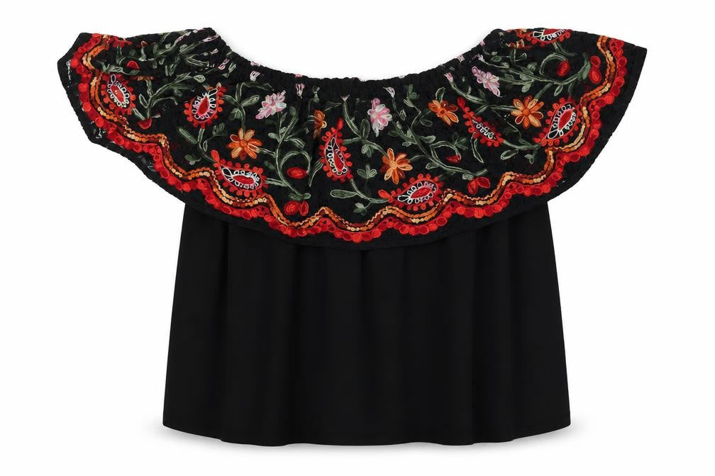 Front view of Marks & Spencer Per Una Women's Black Embroidered Off Shoulder Blouse, size 12