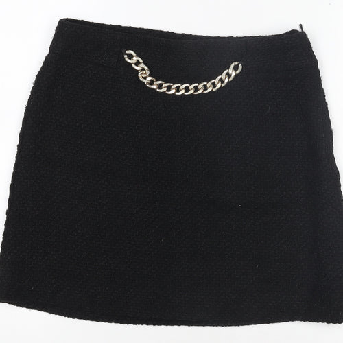 Mango Women’s Black Tweed Mini Skirt Size 12 with Chain Detail