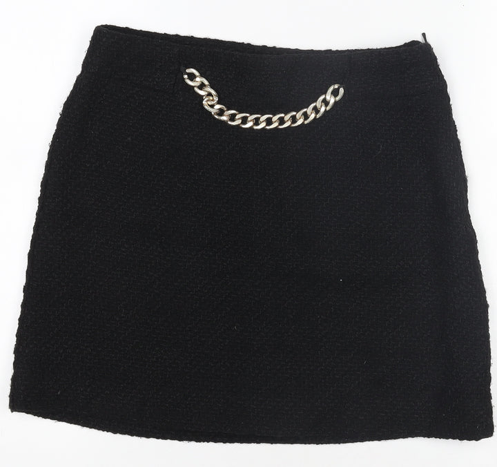 Mango Women’s Black Tweed Mini Skirt Size 12 with Chain Detail