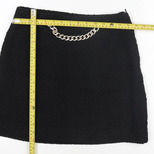 Mango Women’s Black Tweed Mini Skirt Size 12 with Chain Detail
