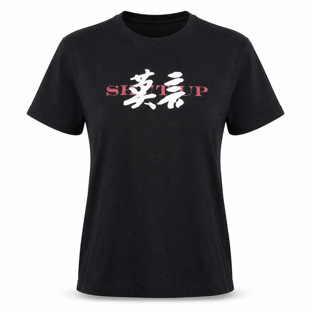 Front view of vt women’s black xl basic crew neck graphic t-shirt