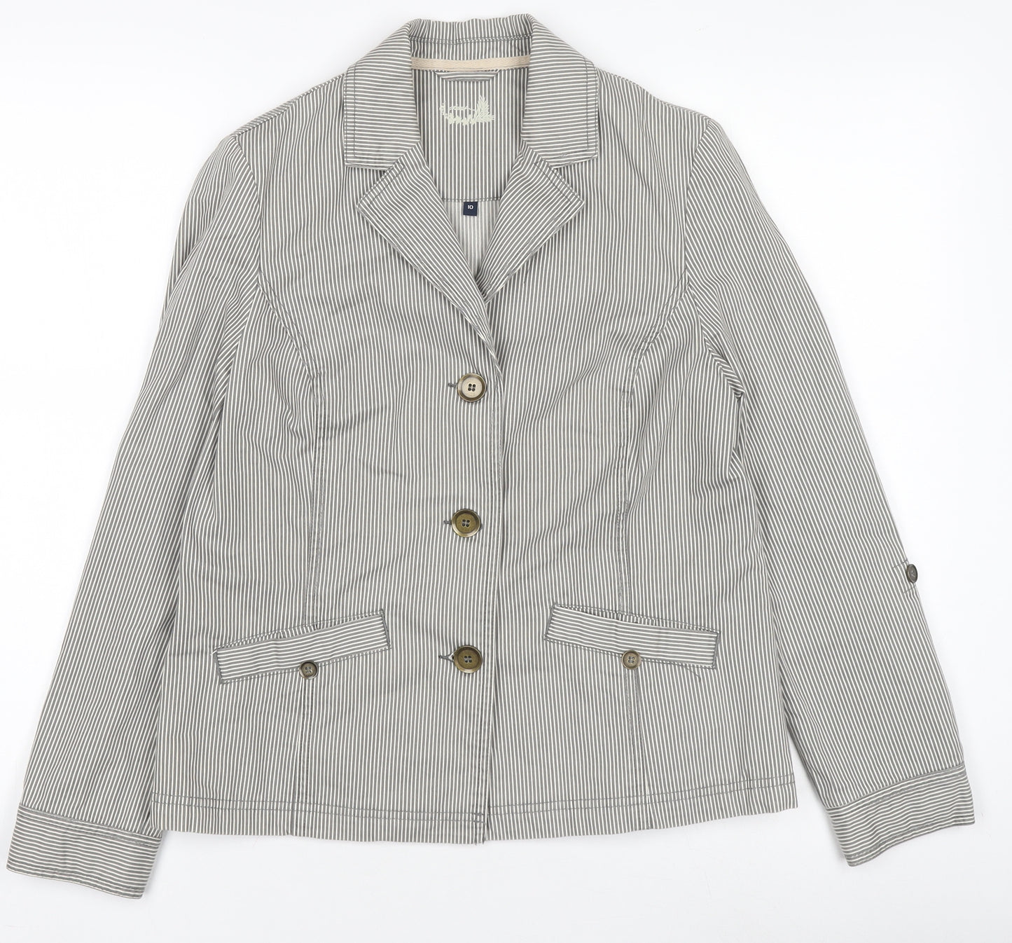 Women's Grey Striped Cotton Blazer Size 10 Classic Jacket
