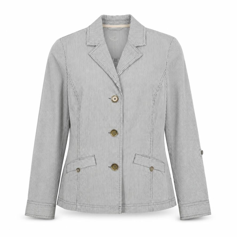 Front view of Women's Grey Striped Cotton Blazer, size 10, Classic Jacket