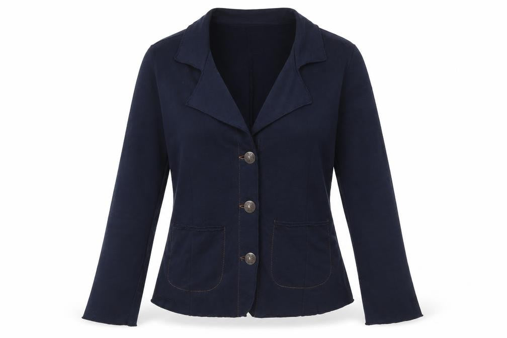 Front view of Isay women’s blue cotton nynne blazer jacket, size S