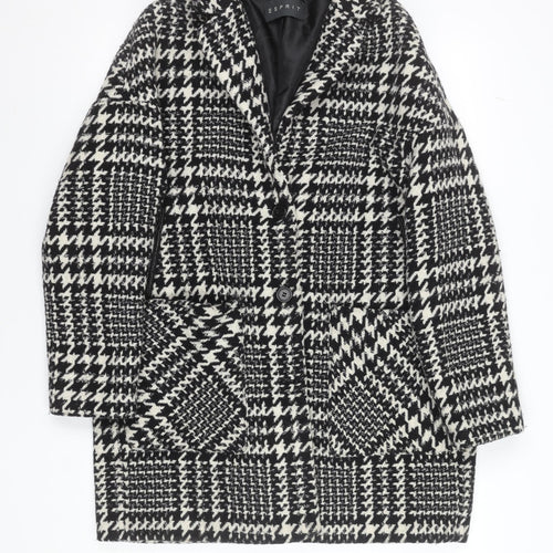 Esprit Women's Black Houndstooth Wool Blend Mid-Length Overcoat UK 14