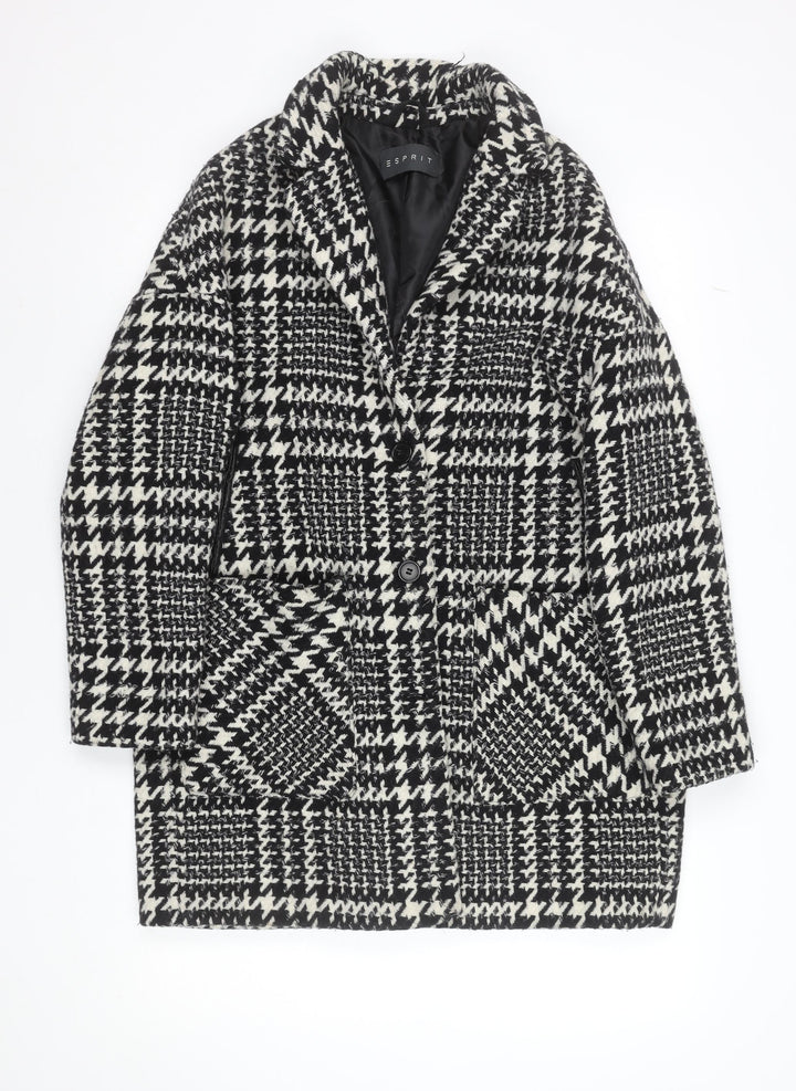 Esprit Women's Black Houndstooth Wool Blend Mid-Length Overcoat UK 14