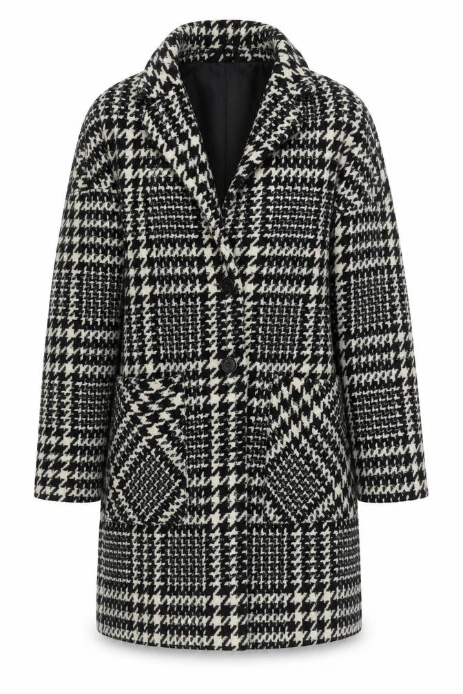 Front view of ESPRIT Women's Black Houndstooth Wool Blend Mid-Length Overcoat UK 14