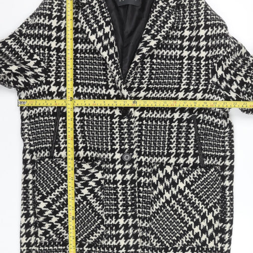 Esprit Women's Black Houndstooth Wool Blend Mid-Length Overcoat UK 14