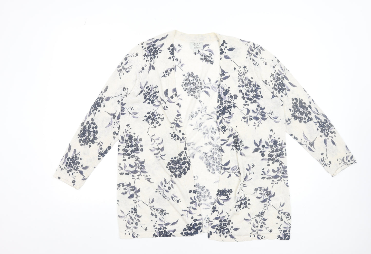 Monsoon Women Beige Floral Linen Blend Cardigan Size M