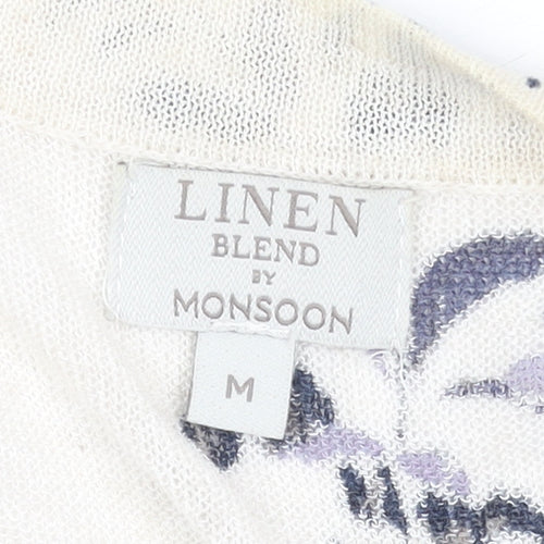 Monsoon Women Beige Floral Linen Blend Cardigan Size M