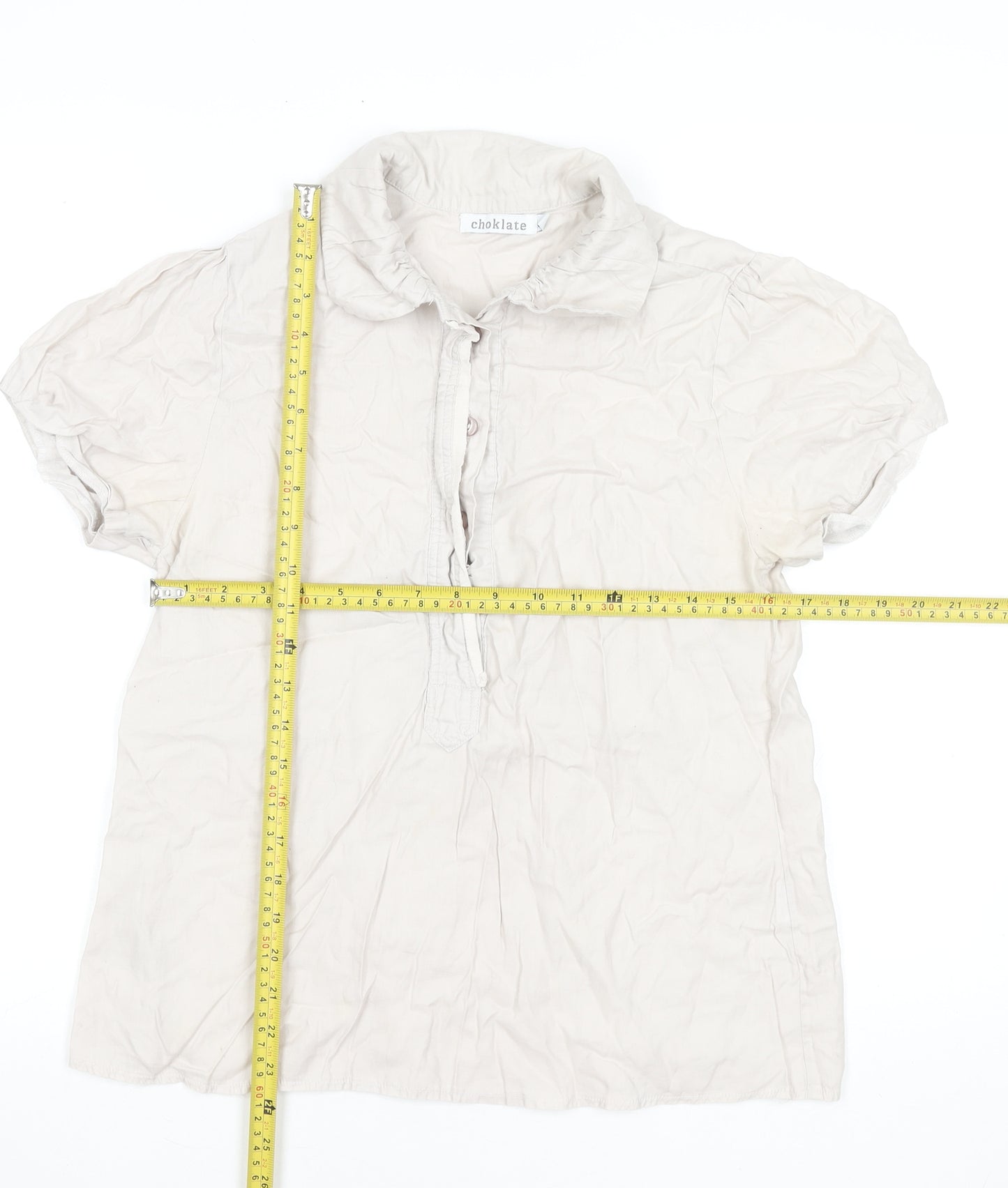 Choklate Women’s Beige Cotton Short Sleeve Collared Blouse L