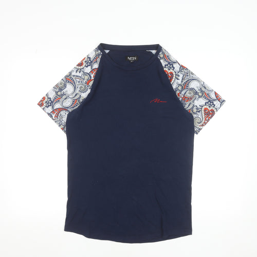 BoohooMAN Men's Navy Paisley Raglan Short Sleeve Crew Neck T-Shirt Size M