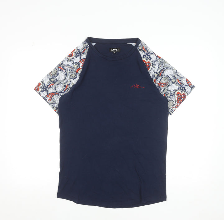 BoohooMAN Men's Navy Paisley Raglan Short Sleeve Crew Neck T-Shirt Size M
