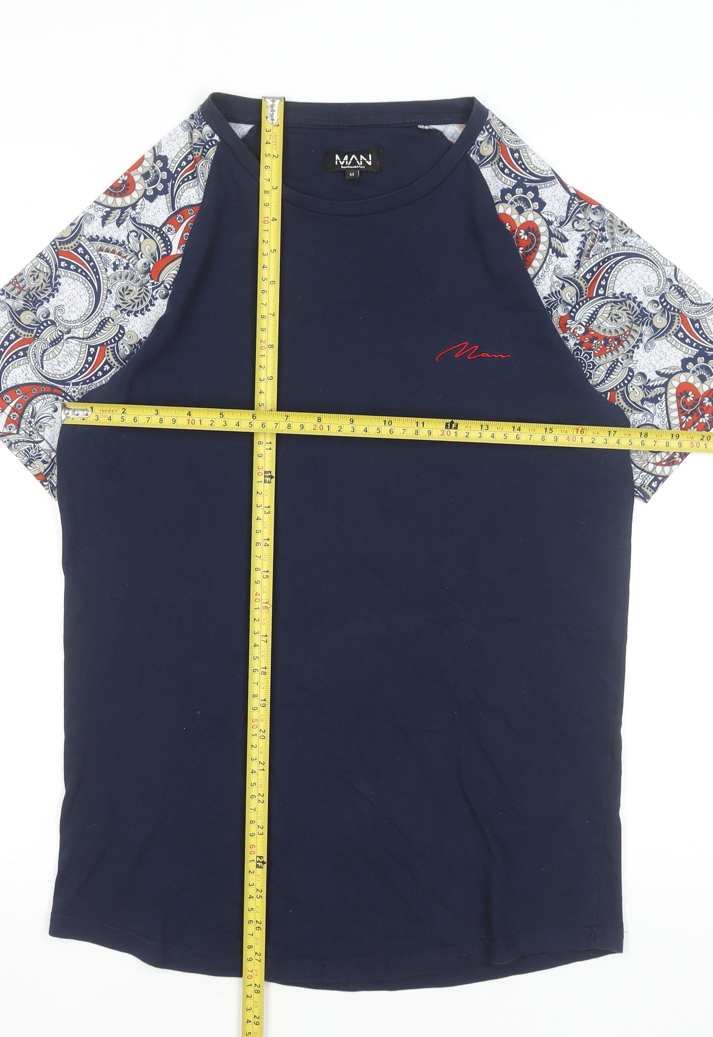 BoohooMAN Men's Navy Paisley Raglan Short Sleeve Crew Neck T-Shirt Size M