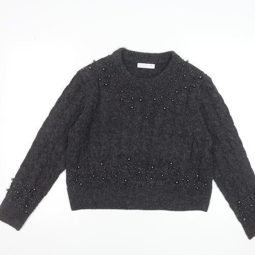 Primark Women Grey Beaded Cable-Knit Crew Neck Jumper Size M