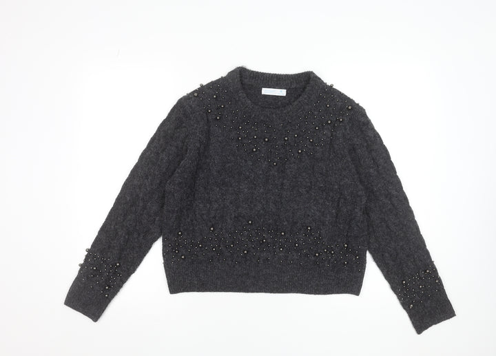 Primark Women Grey Beaded Cable-Knit Crew Neck Jumper Size M