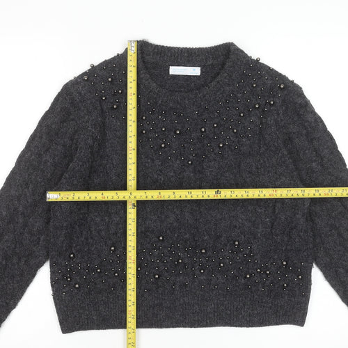 Primark Women Grey Beaded Cable-Knit Crew Neck Jumper Size M
